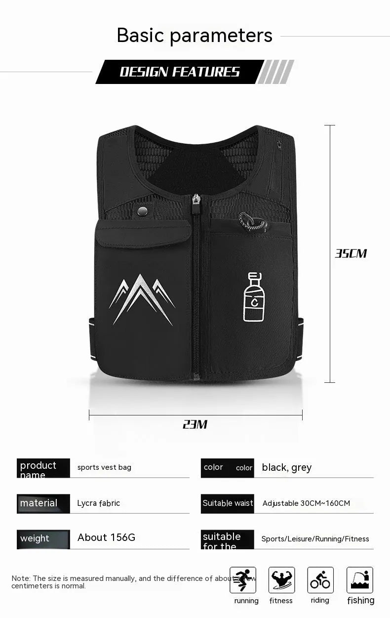 Running vest with integrated phone pouch in breathable mesh fabric, shown in classic black colour