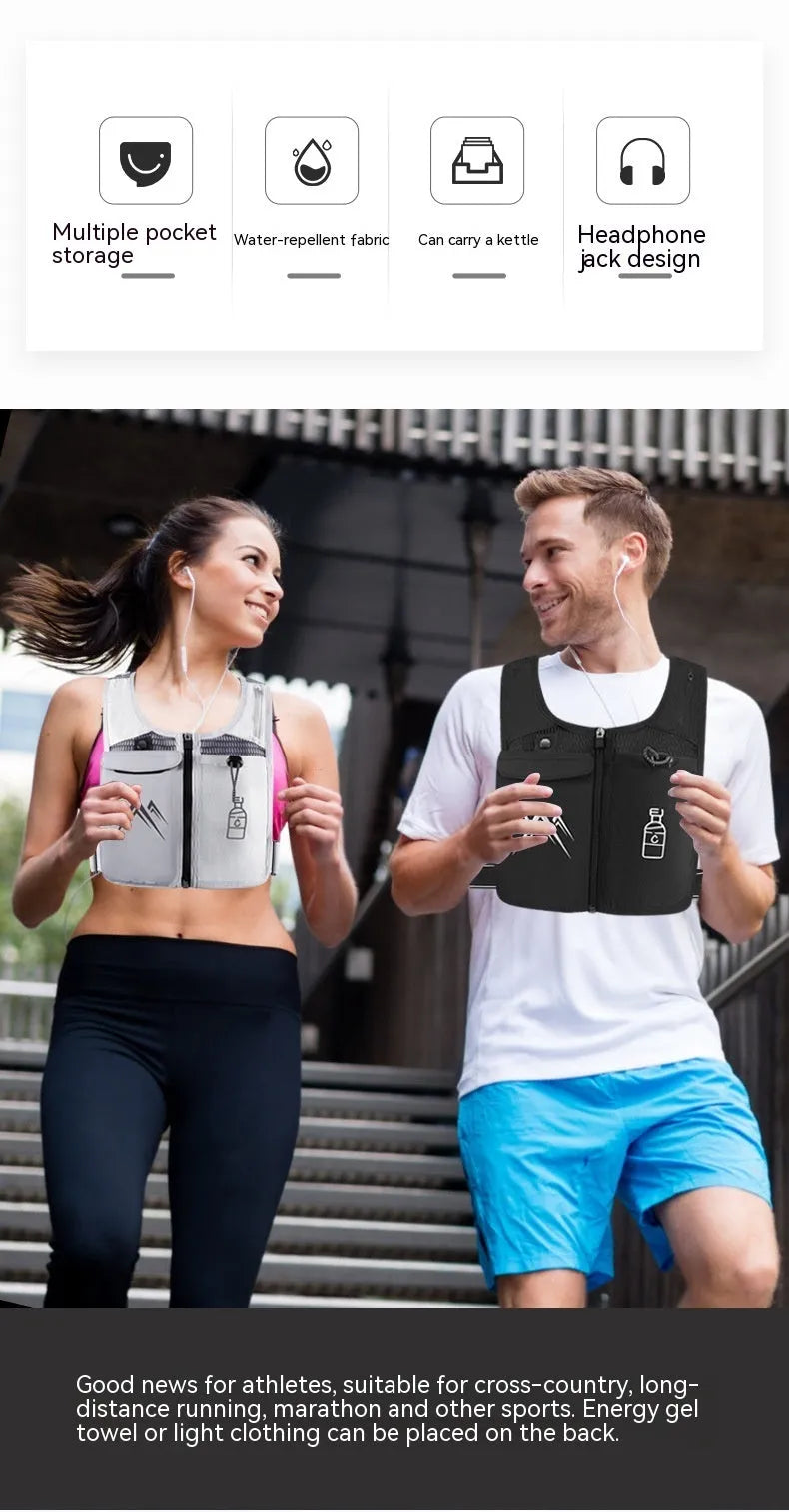 Running vest with integrated phone pouch in breathable mesh fabric, shown in classic black colour
