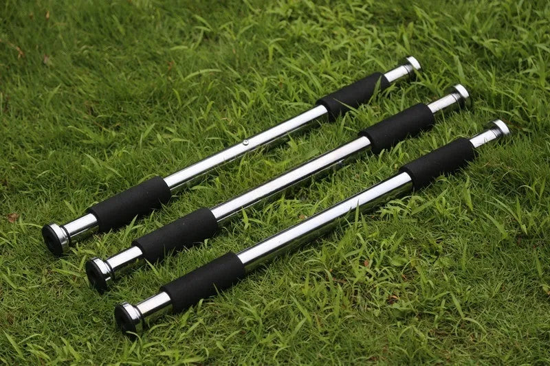 Adjustable steel horizontal pull-up bar with parallel bars extended for door frame installation