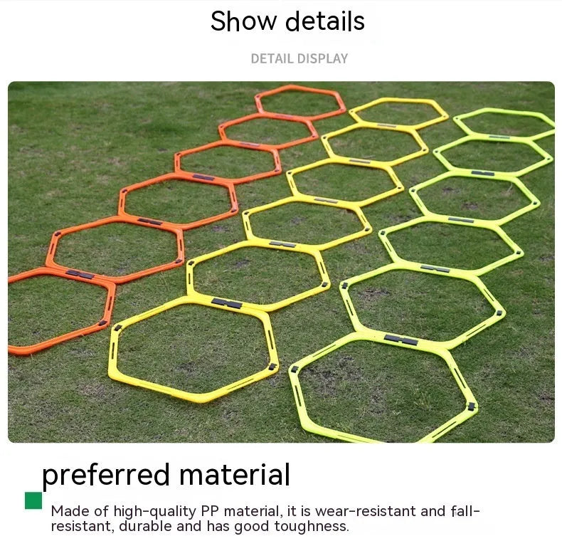 Six foldable hexagonal agility training rings in bright colours for football and basketball drills