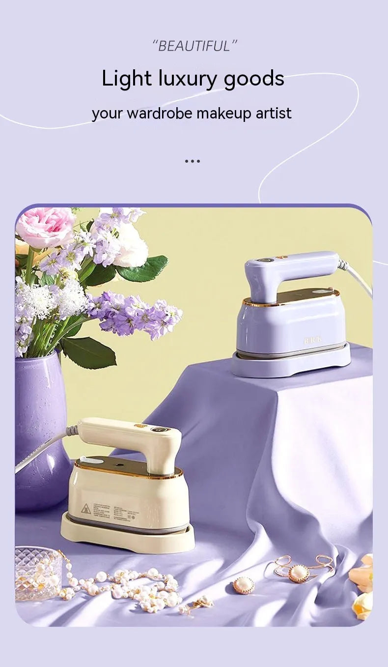 Foldable light purple travel steam iron with ceramic soleplate and international plug adapters.