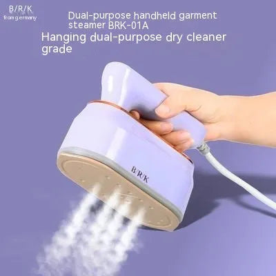 Foldable light purple travel steam iron with ceramic soleplate and international plug adapters.
