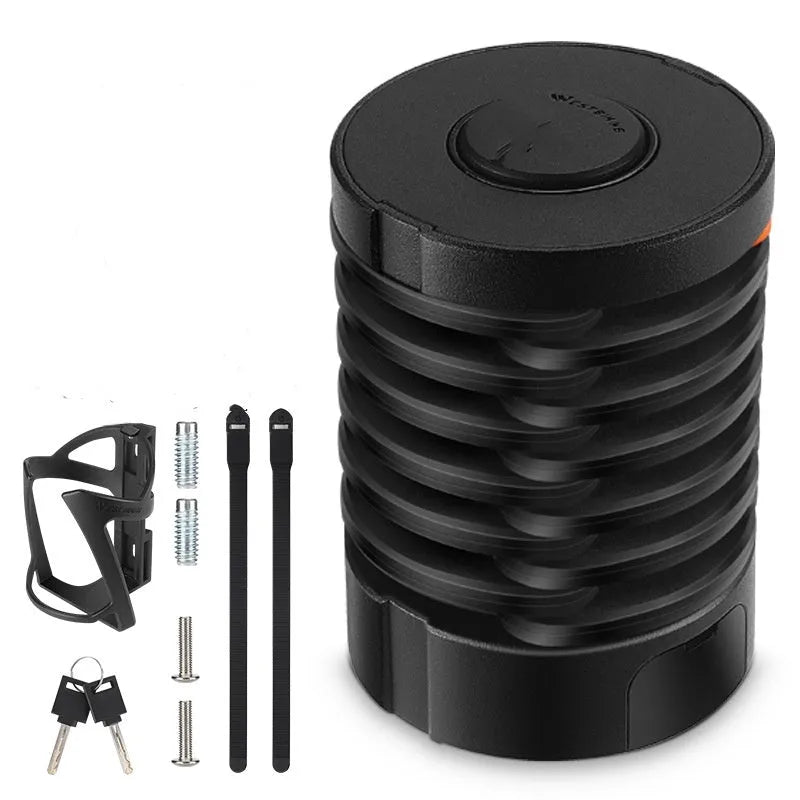 Black folding bicycle lock showing compact folded design with multi-material construction