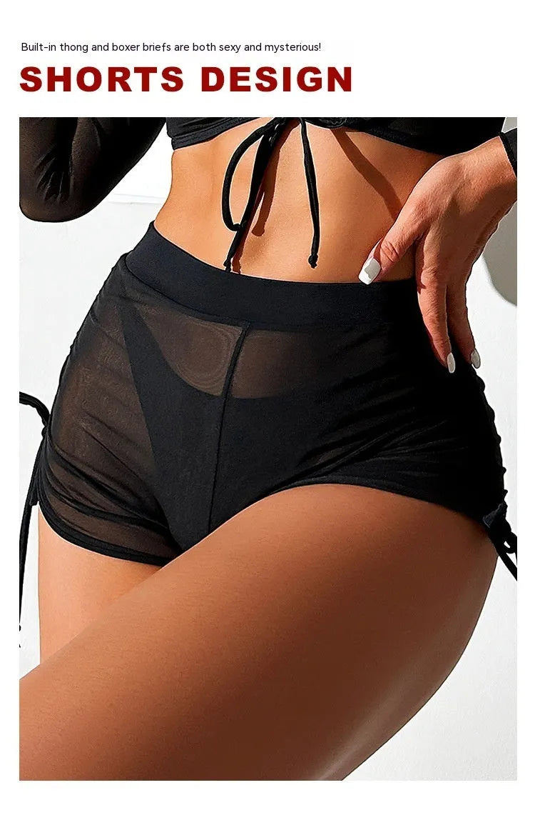 Black mesh four-piece bikini suit with long sleeves for women's swimming and wading sports