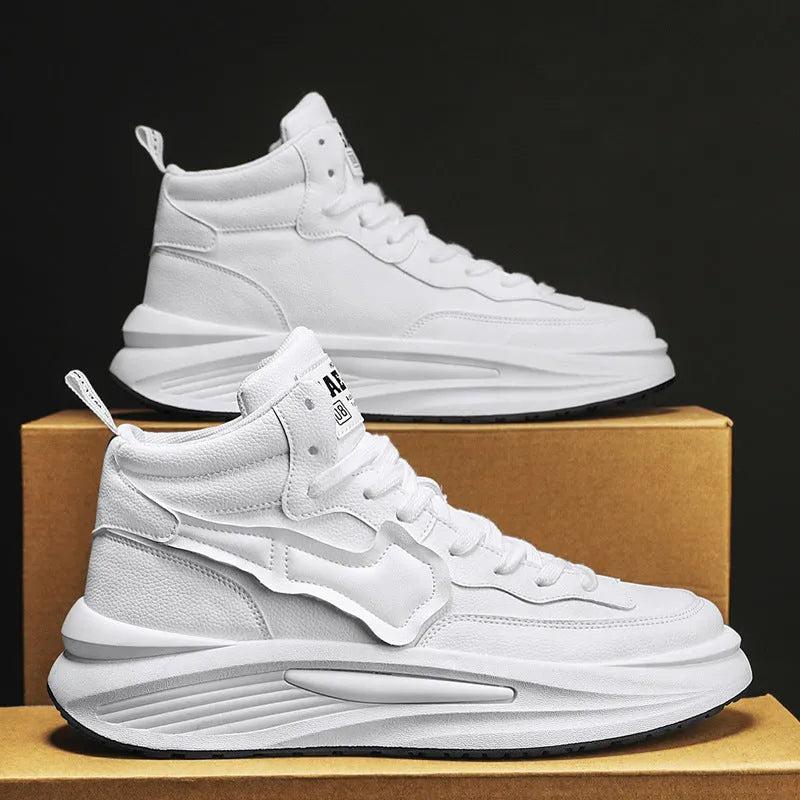 Men's black and white high-top platform board shoes with round toe and artificial PU material