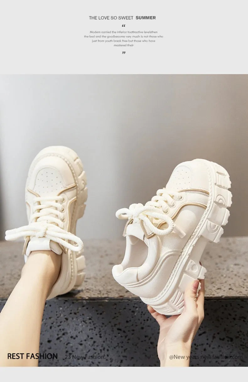 Women's beige leather casual shoes with 7cm muffin bottom heel
