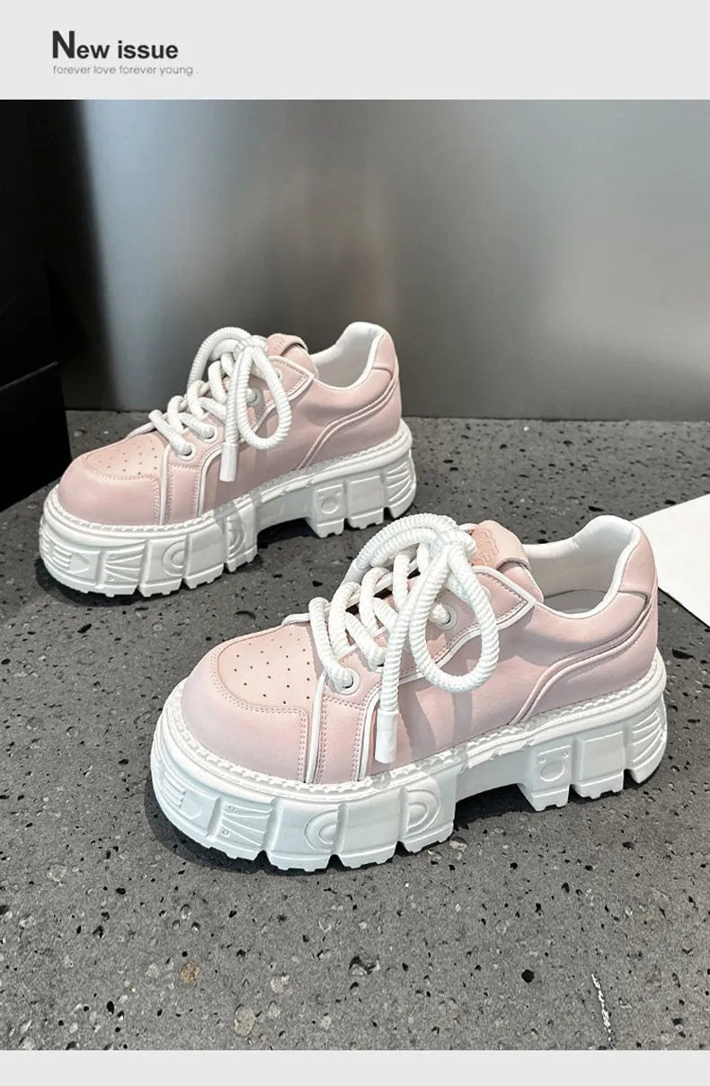 Women's beige leather casual shoes with 7cm muffin bottom heel