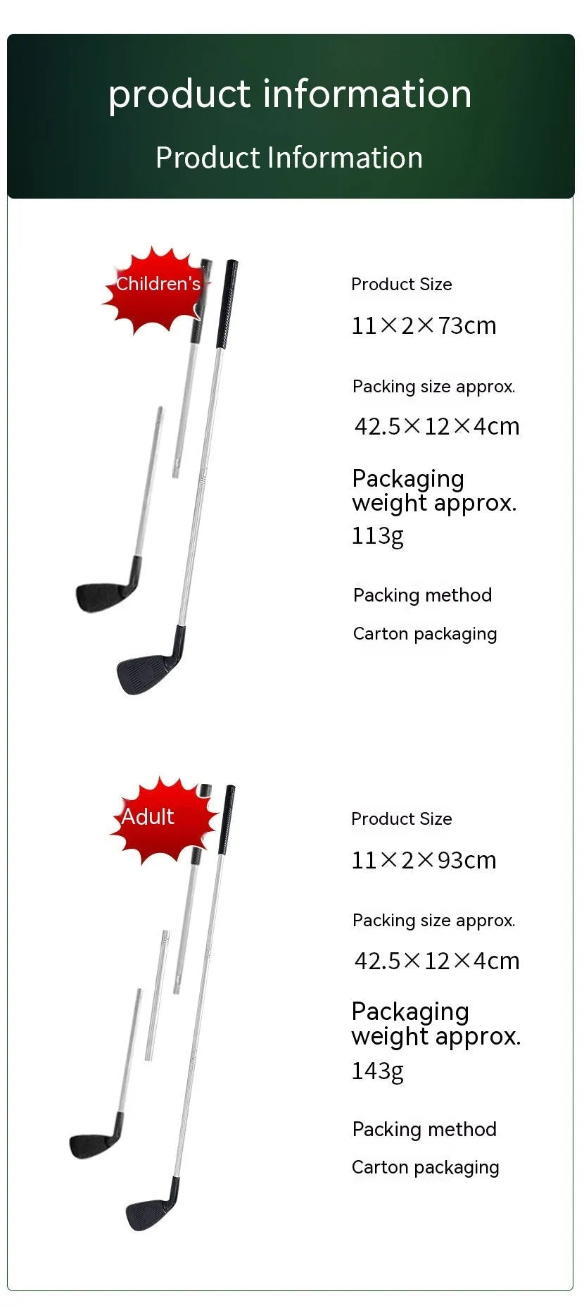 Metal golf practice putting club shown in adult size and children's size options for outdoor use.