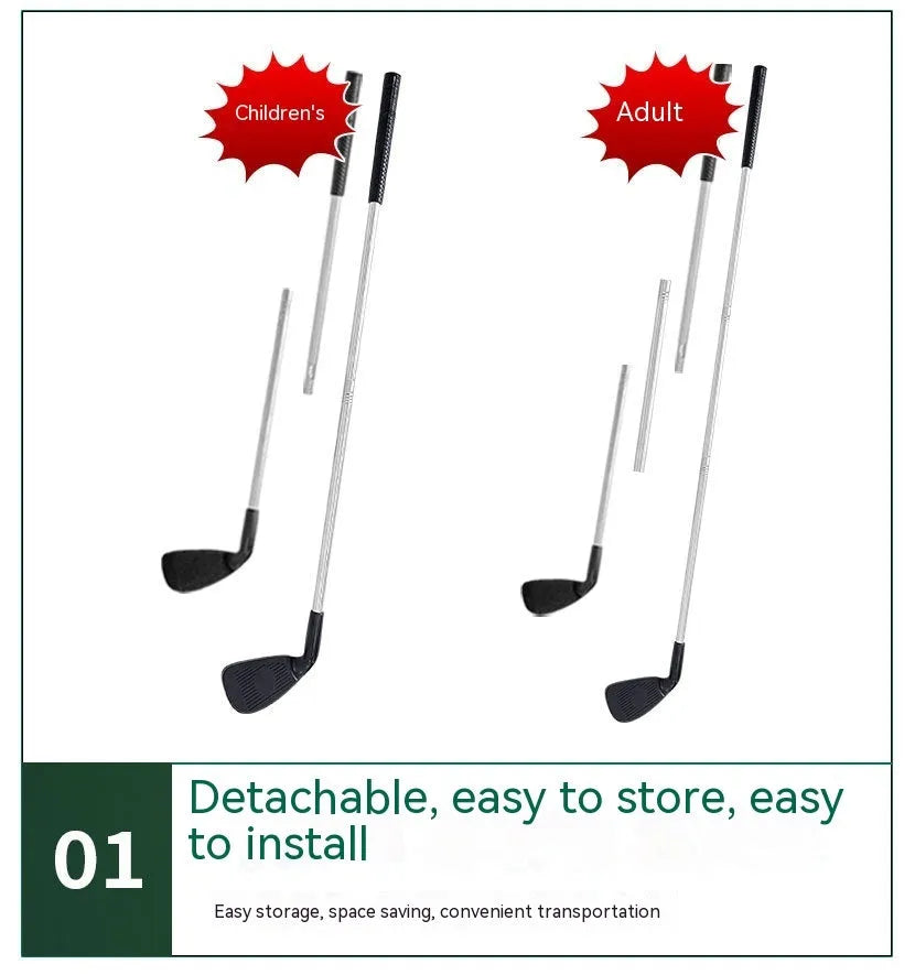 Metal golf practice putting club shown in adult size and children's size options for outdoor use.
