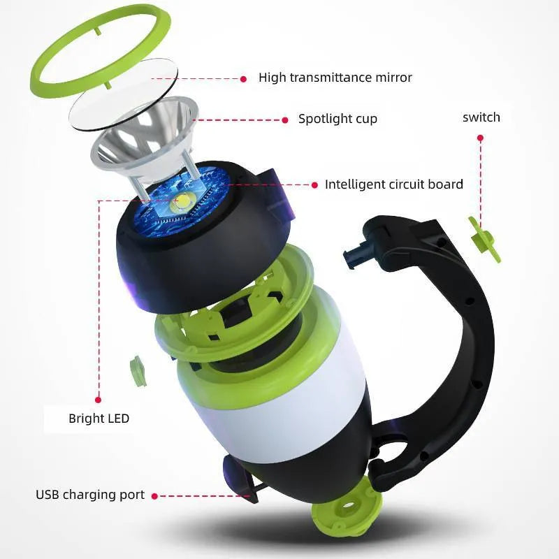 Black Green multifunctional LED camping lamp with USB port, shown in folded position.