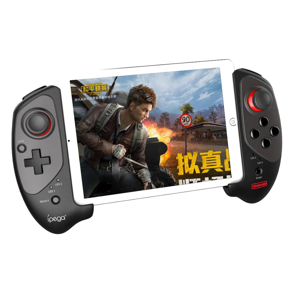 Red telescopic gamepad controller extended with smartphone, showing USB cable and Bluetooth connectivity
