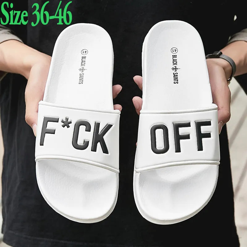 Large size men's personalised open toe slippers with rubber soles in black and white colour options
