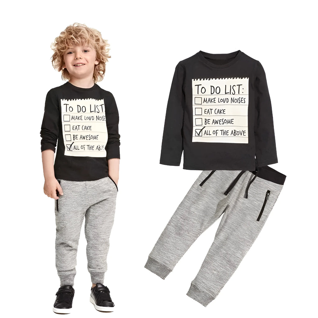 Boys cotton two-piece clothing set with letter print T-shirt and trousers for ages 3-7