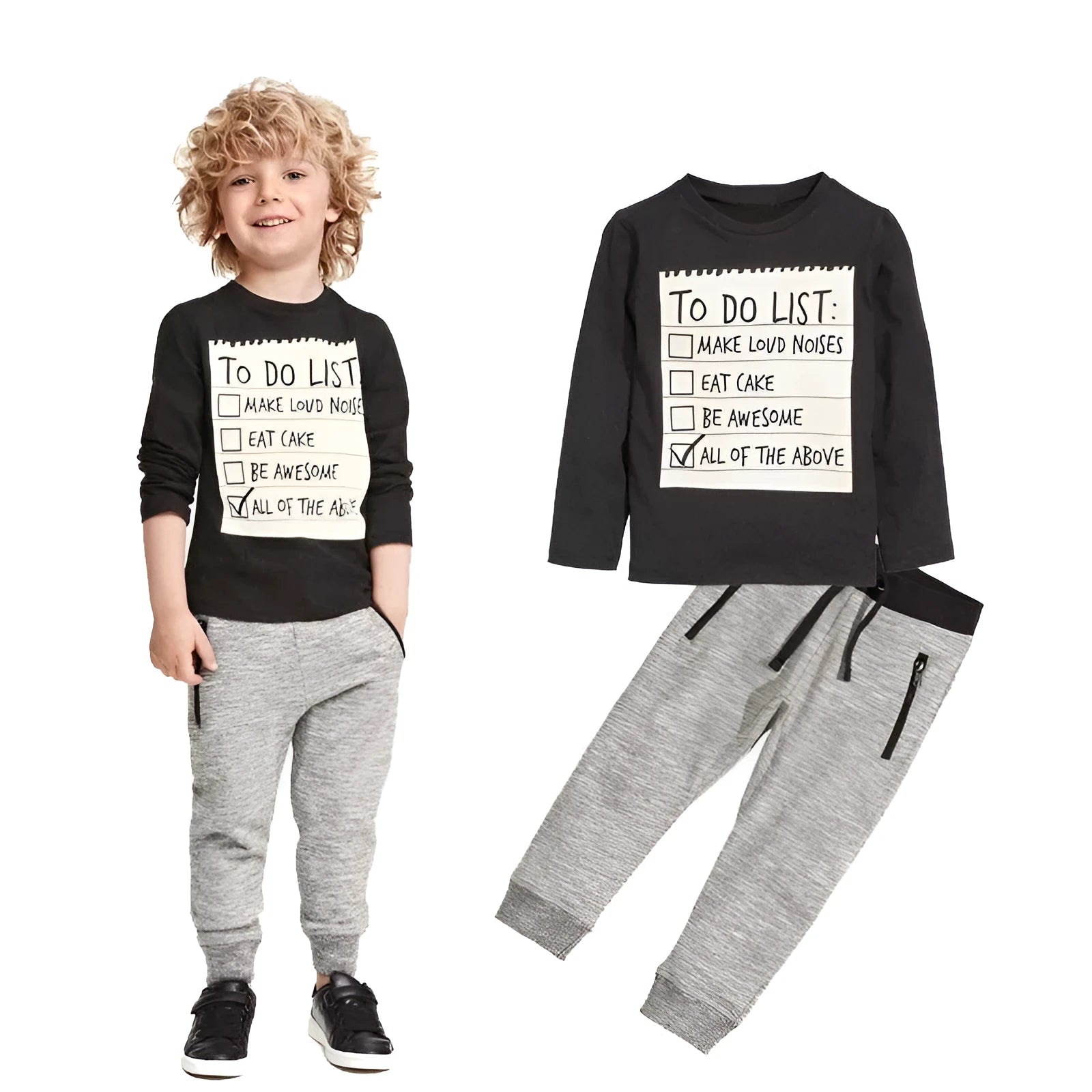 Boys cotton two-piece clothing set with letter print T-shirt and trousers for ages 3-7