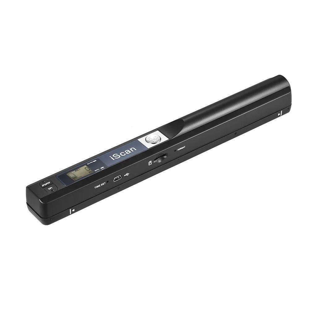 Handheld plastic scanner shown in available colours: black, blue, green, red, and silver.
