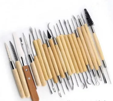 27-piece pottery clay tools set with stainless steel implements, wood handles and plastic accessories in OPP bag