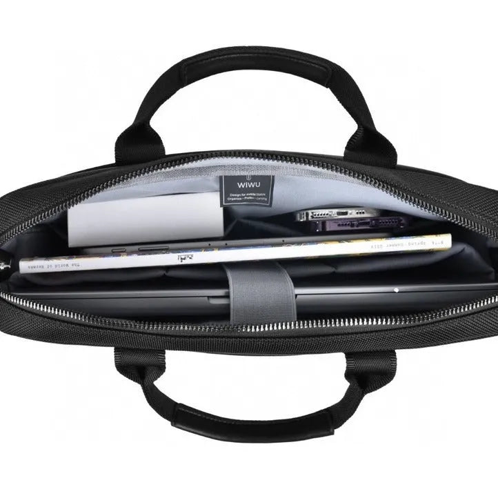 Black Oxford cloth computer organiser handbag with multiple pockets and security lock for 14" or 15.6" laptops