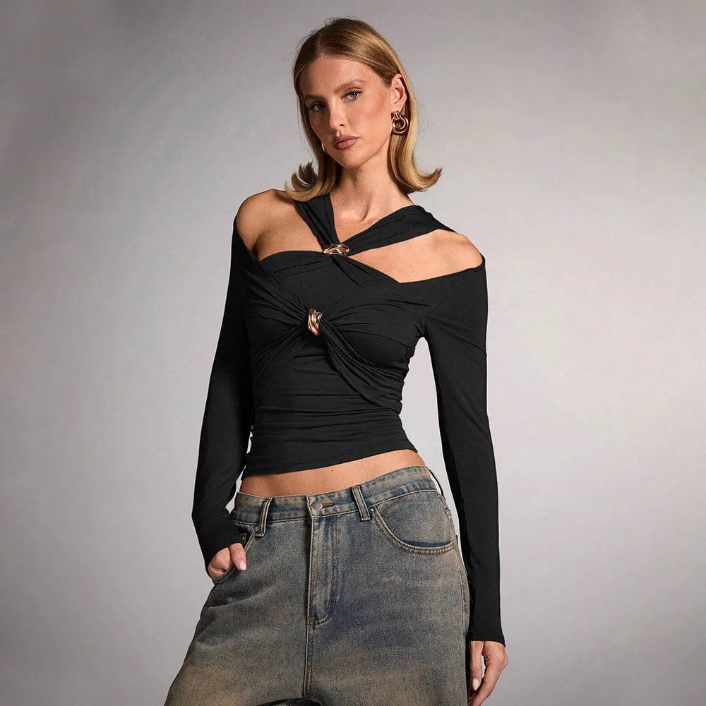 Black women's halter top with slim fit, 40cm length, and long sleeves