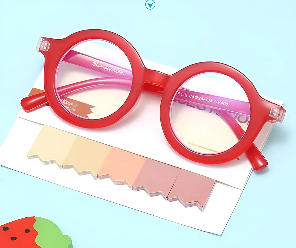 Retro round frame glasses with UV400 protection and blue light filtering in multiple colour options