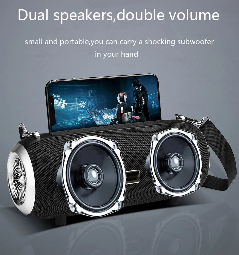F666 mini portable Bluetooth speaker in fabric finish with shoulder strap, shown in black, blue, camouflage, or red.
