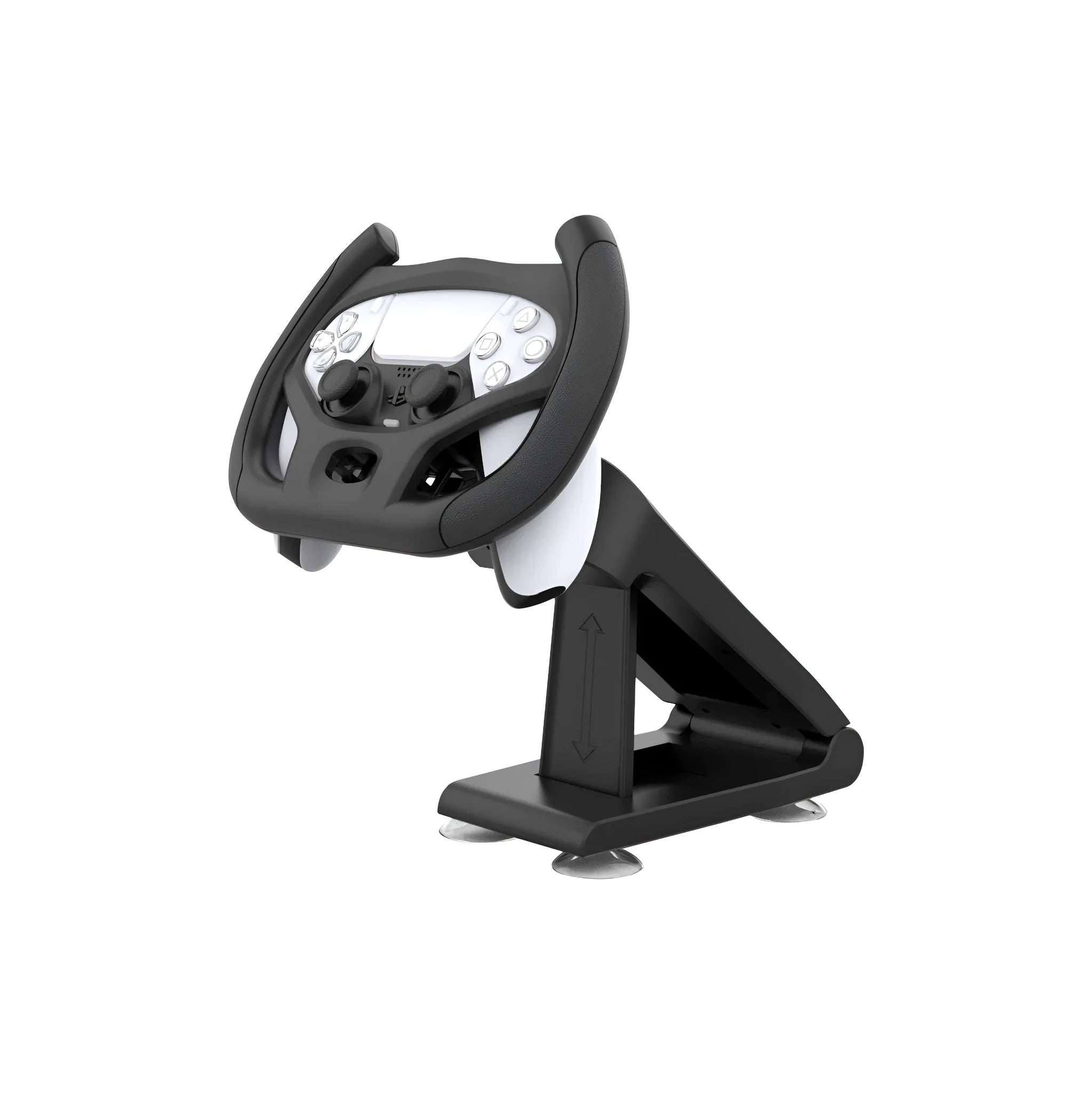 Black ABS phone steering wheel bracket with suction cup attached to gaming steering wheel