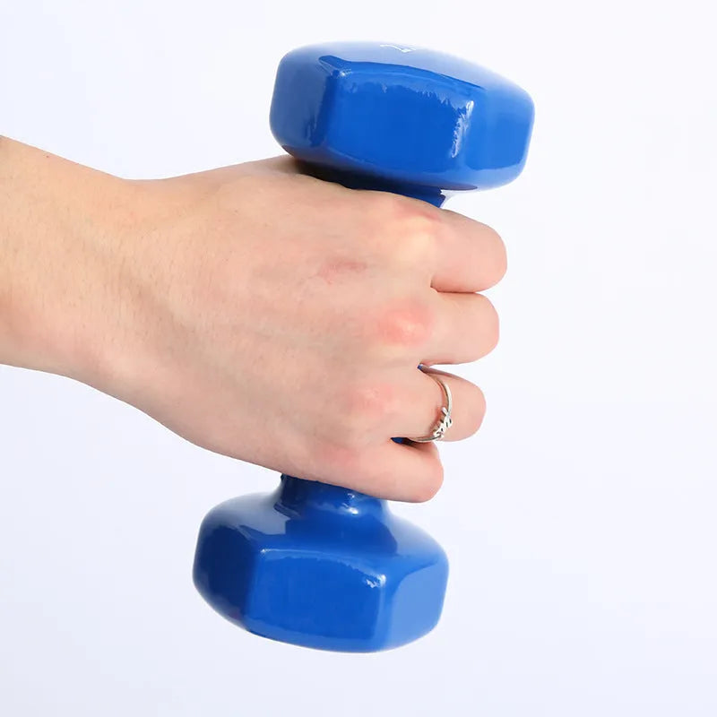 Bright colourful plastic-coated fitness dumbbells for home workouts and yoga exercises