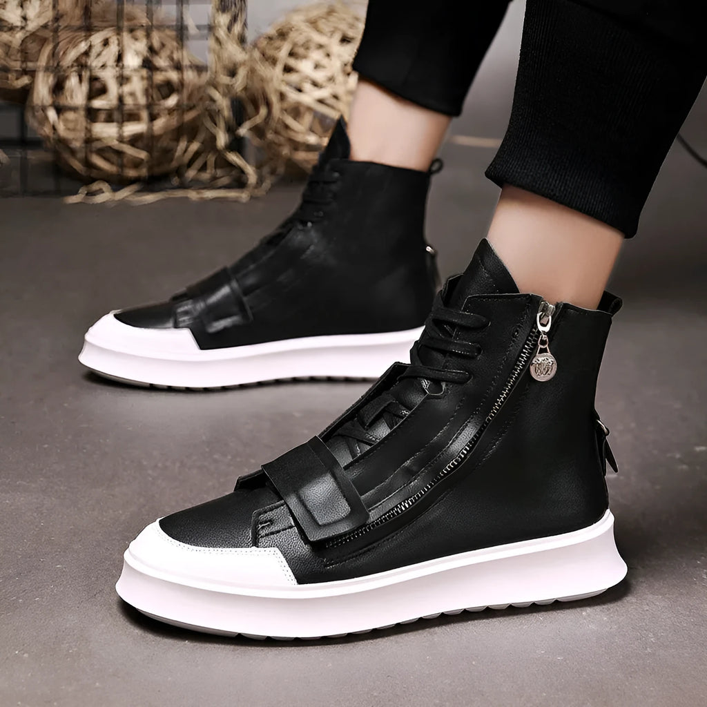PU leather men's winter ankle boots in high-top sneakers style with microfiber upper, available in black and white colours