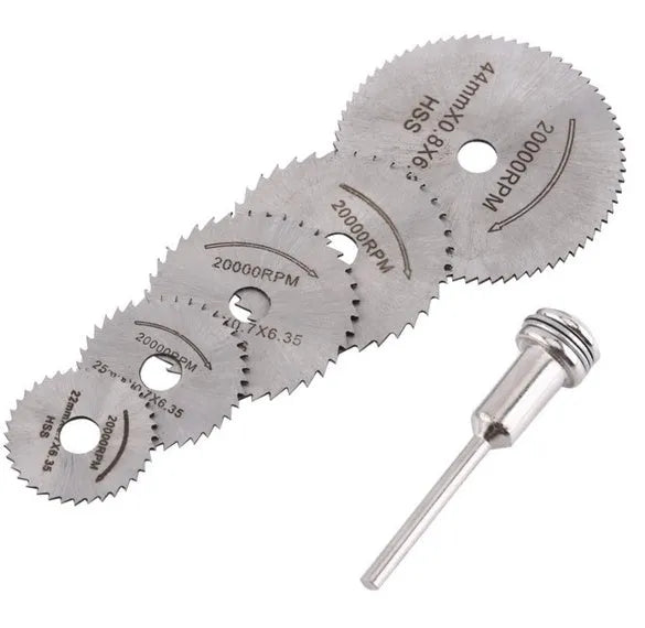 Six high-speed steel circular saw blades and a mandrel on a white background