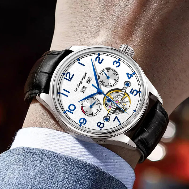 Men's stainless steel mechanical business watch with sapphire crystal and transparent case back