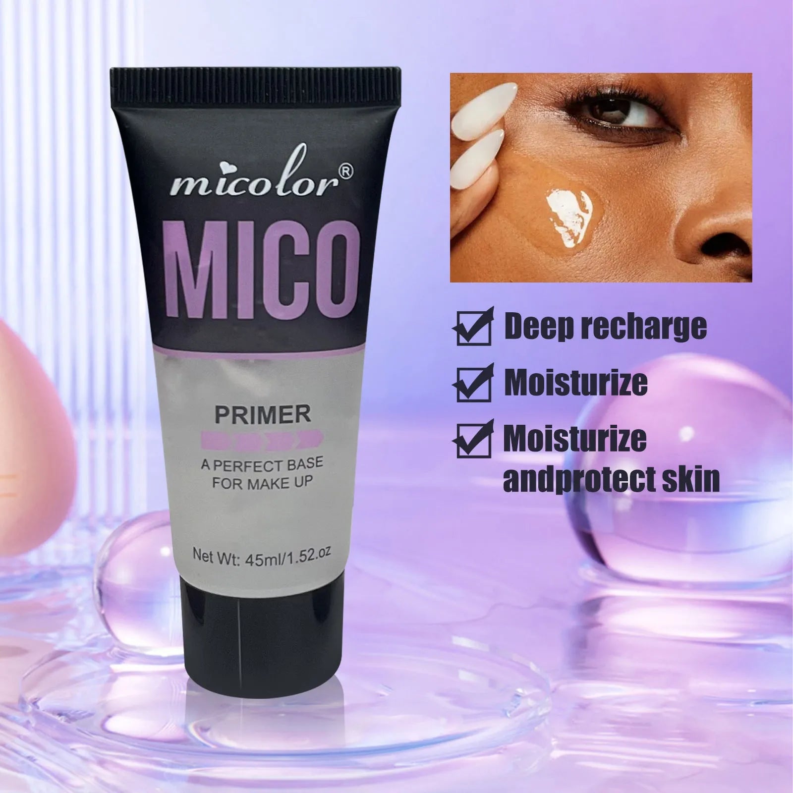 Two-in-one make-up primer and final sealer spray set, 45ml and 40ml bottles, monochrome packaging