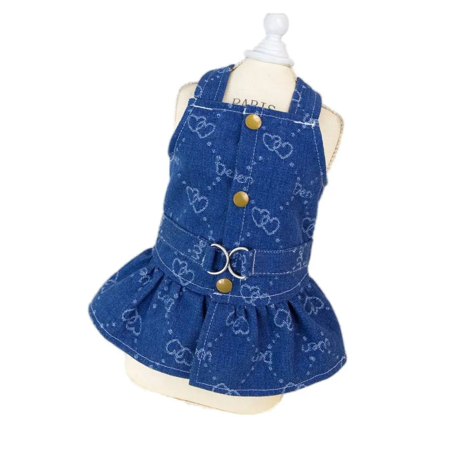 Denim princess dress for small dogs in bracket-skirt and bracket-T styles