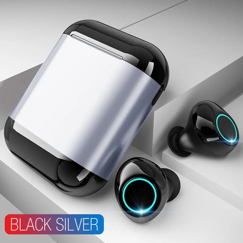 Black TWS wireless Bluetooth earphones with in-ear design.