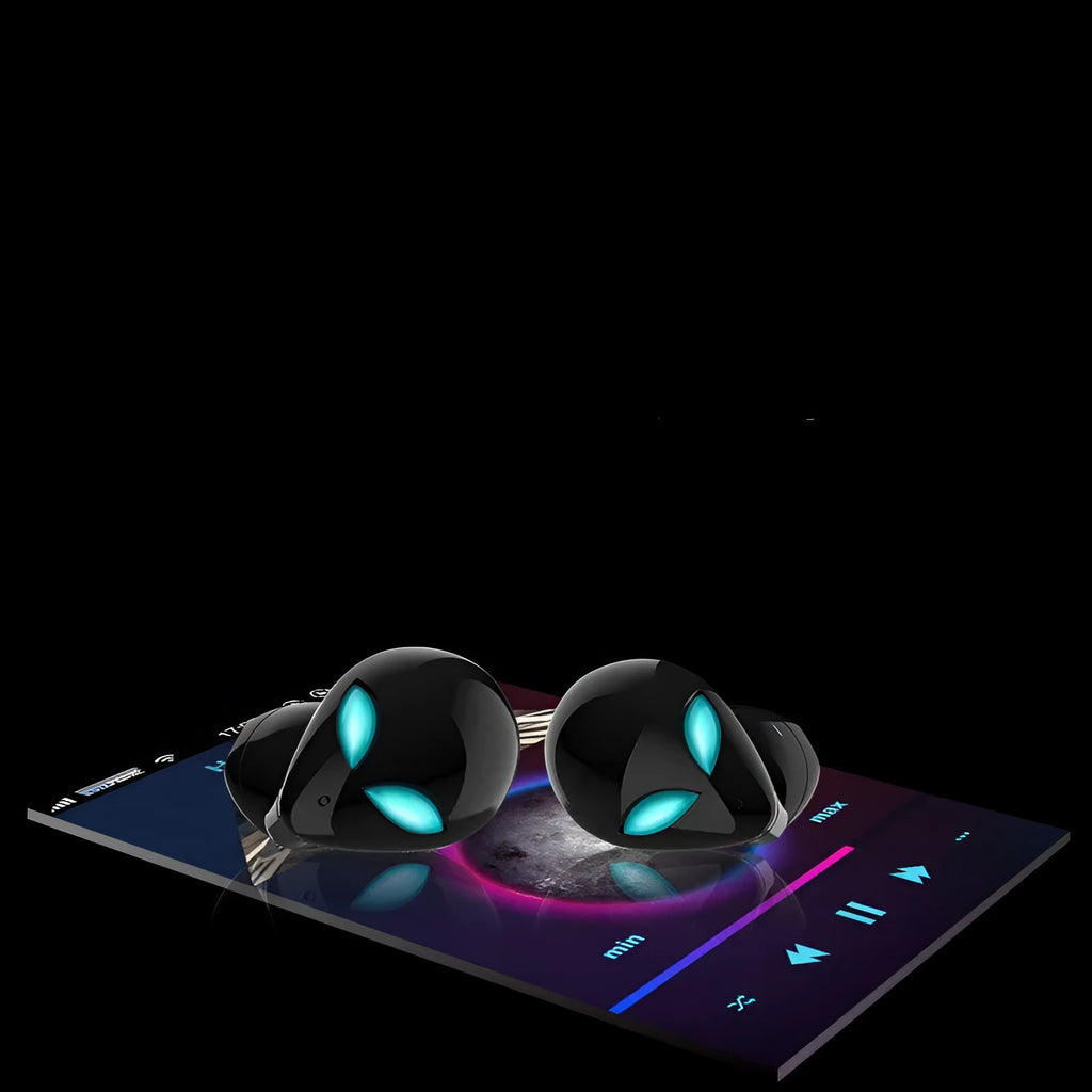 Starman T8 alien-inspired Bluetooth headset with LED lights in charging case.