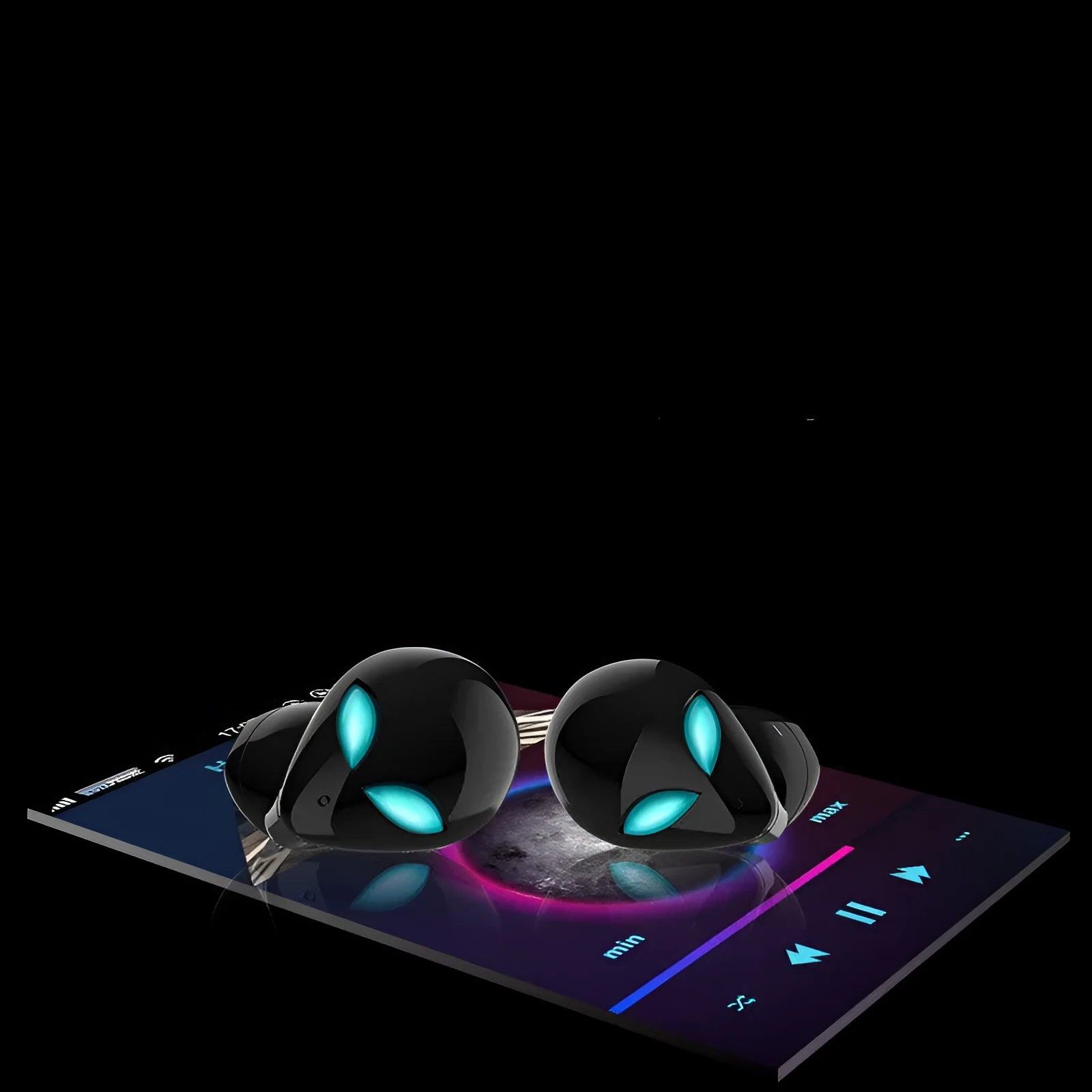 Starman T8 alien-inspired Bluetooth headset with LED lights in charging case.