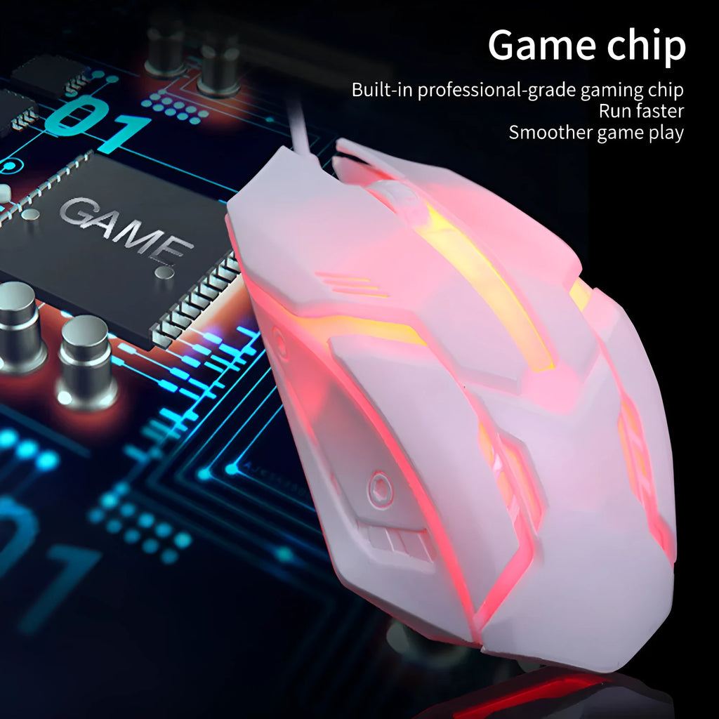 USB wired desktop mouse with colourful glowing lighting effects and black or white colour options