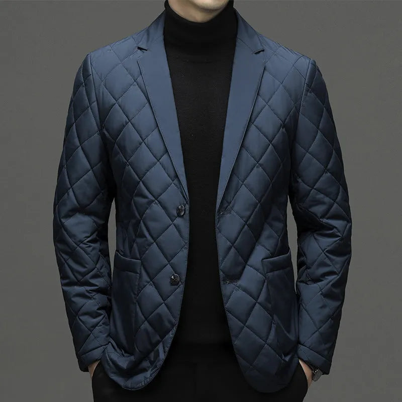 Men's winter down jacket with lapel collar and side pockets in solid colour