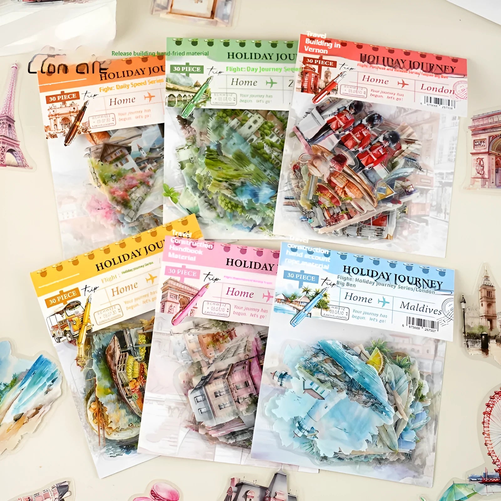 Architecture journal sticker set with six retro landmark designs including Paris Arc de Triomphe and London Big Ben