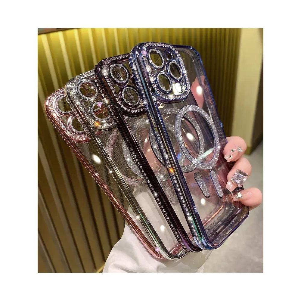 Wireless magnetic iPhone case in Deep Purple, Rose Gold, Space Silver, and Far Peak Blue colours.