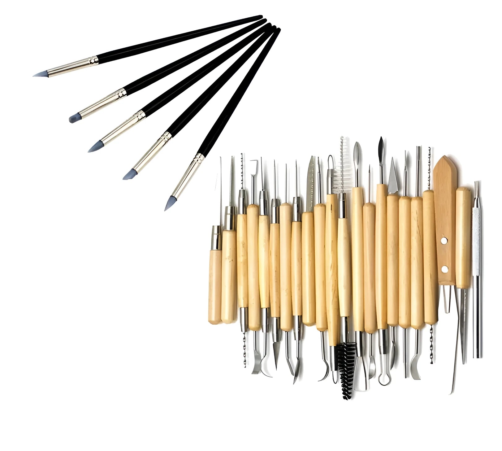 27-piece pottery clay tools set with stainless steel implements, wood handles and plastic accessories in OPP bag
