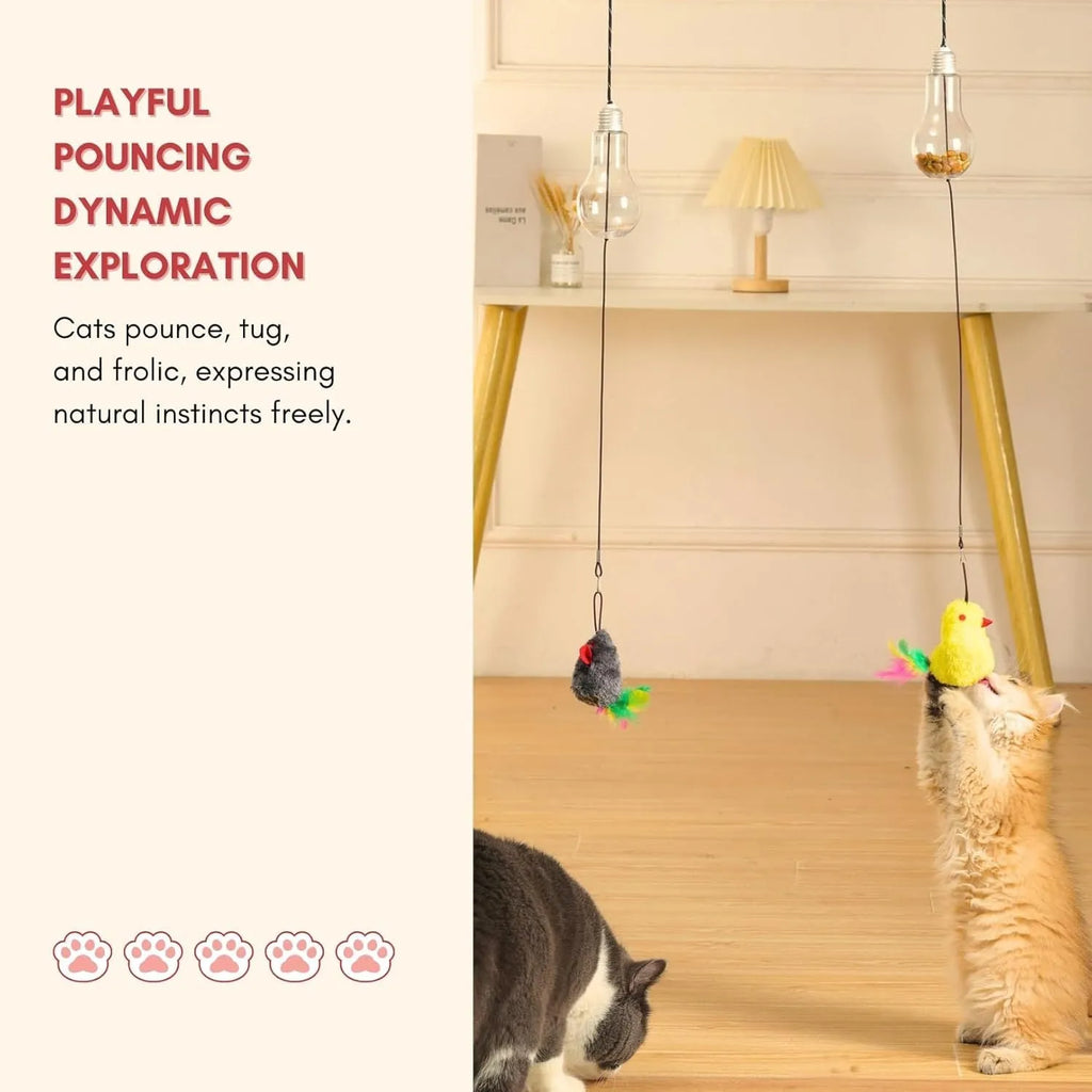Grey and yellow interactive cat toy with dangling mouse, elastic rope, and treat dispenser for door frames