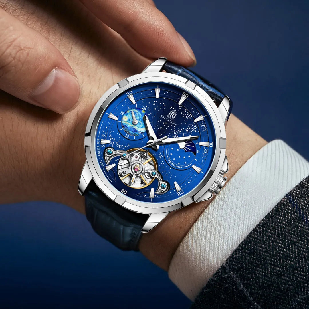 Men's blue dial automatic mechanical watch with steel case and bracelet