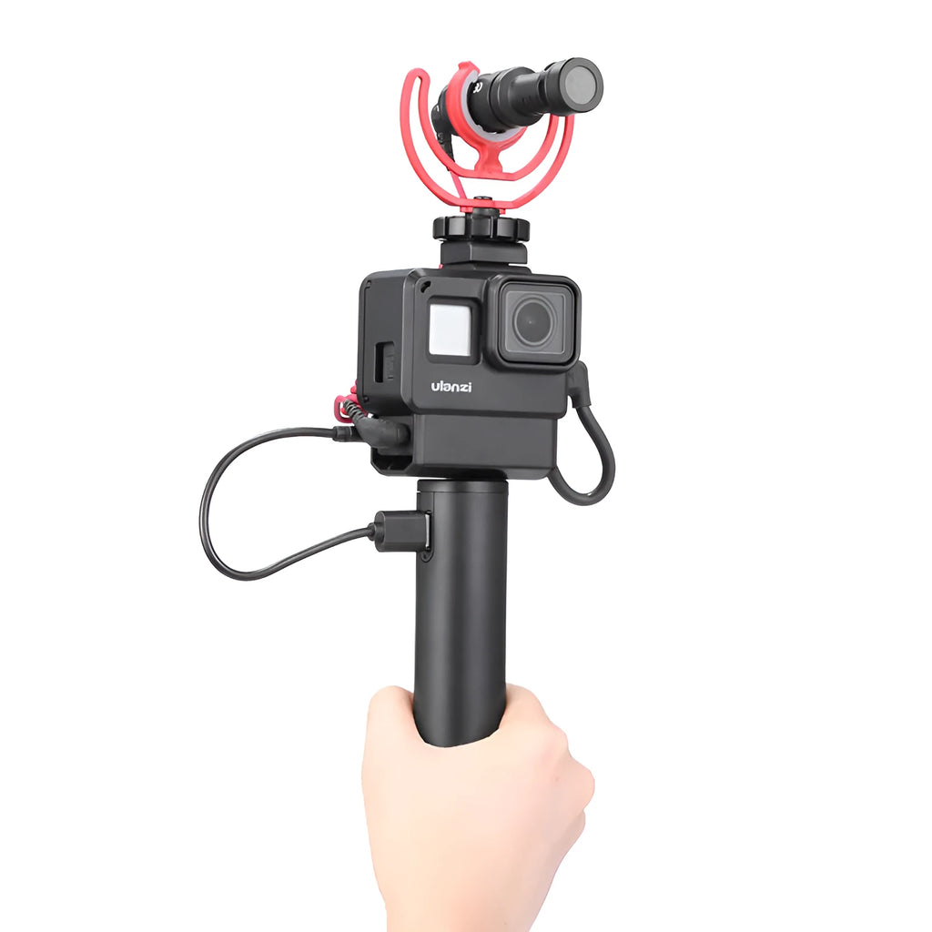 Black aluminium alloy charging handle power bank measuring 12.5cm with 6800mAh capacity