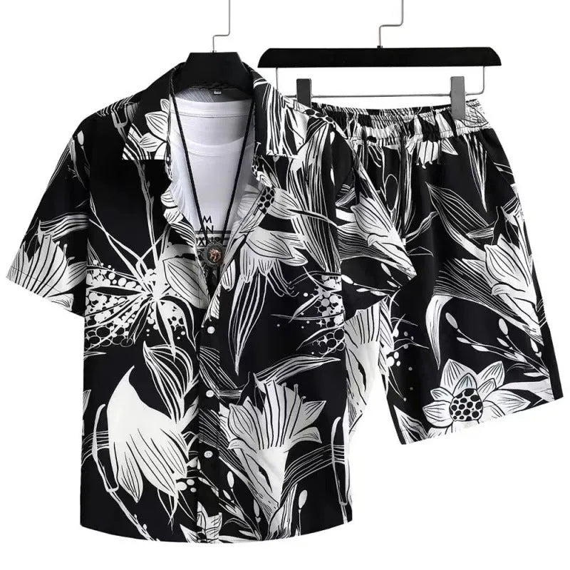 Men's short sleeve cardigan and matching shorts suit set with digital printed design.