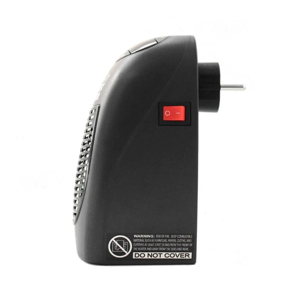 Small black portable ceramic electric heater with digital display on a white background