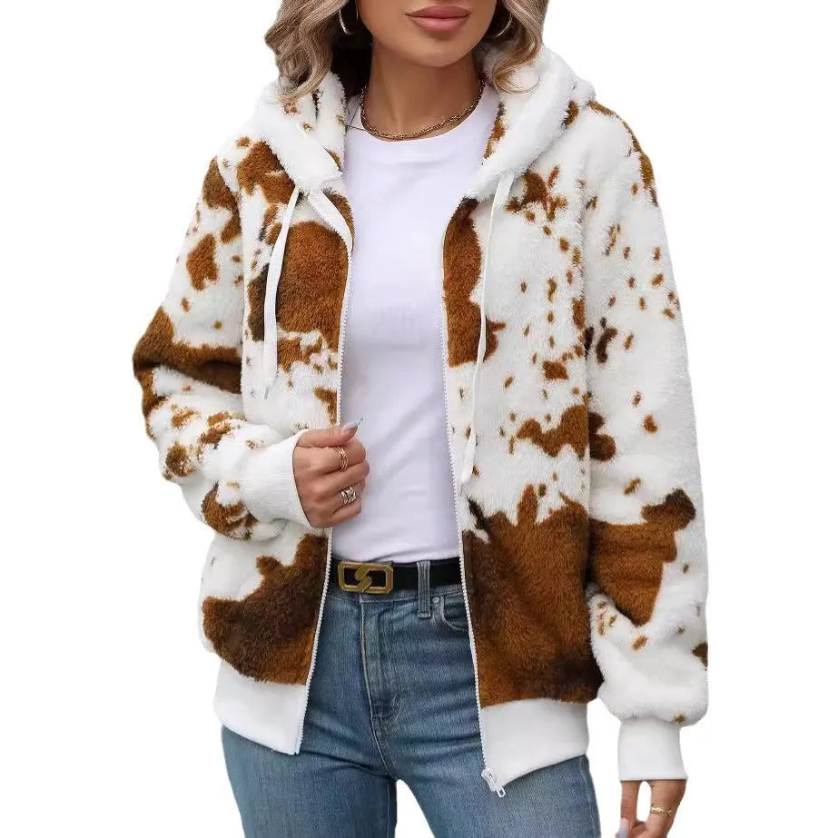Yellow brown cow animal print plush hooded cardigan jacket for men with zip front.