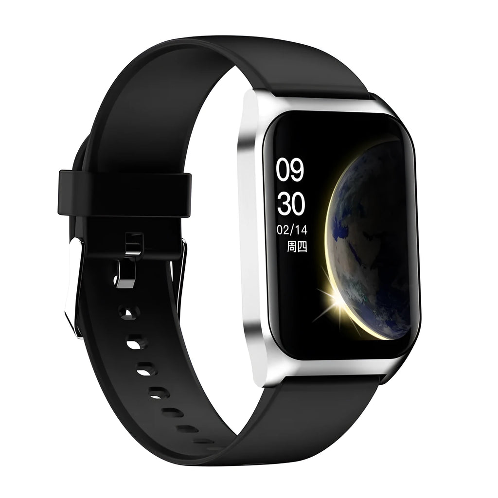 Black or silver smart watch with heart rate monitor, Bluetooth call function, and 1.69-inch touch screen