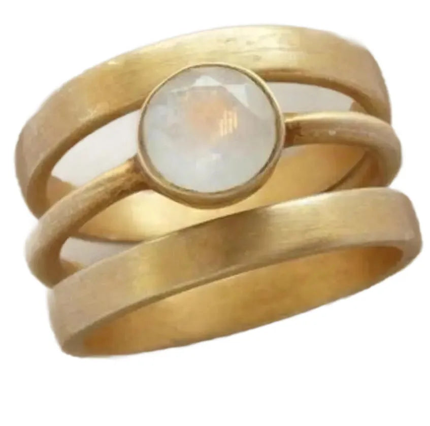 Gold geometric ring with hollow white chalcedony inlay on titanium steel band