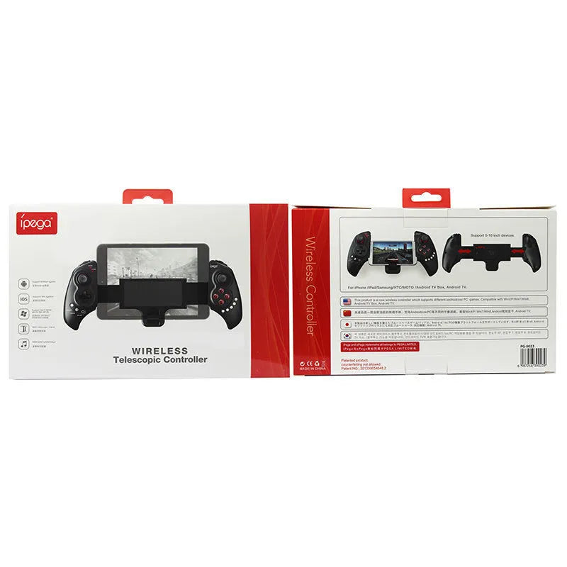 PG-9023 wireless telescopic game controller attached to a smartphone showing its size and button layout.