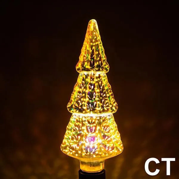 3D firework projection LED decoration bulb with E27 base in various shapes including heart, star, and bottle.