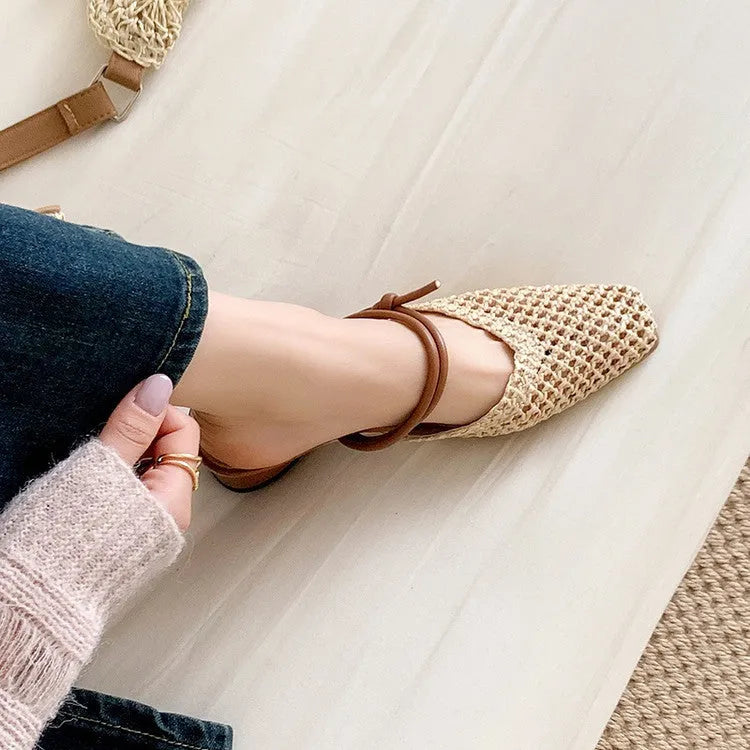 Women's black retro chunky heel slippers with square toe and breathable hollow-out design on artificial PU upper.